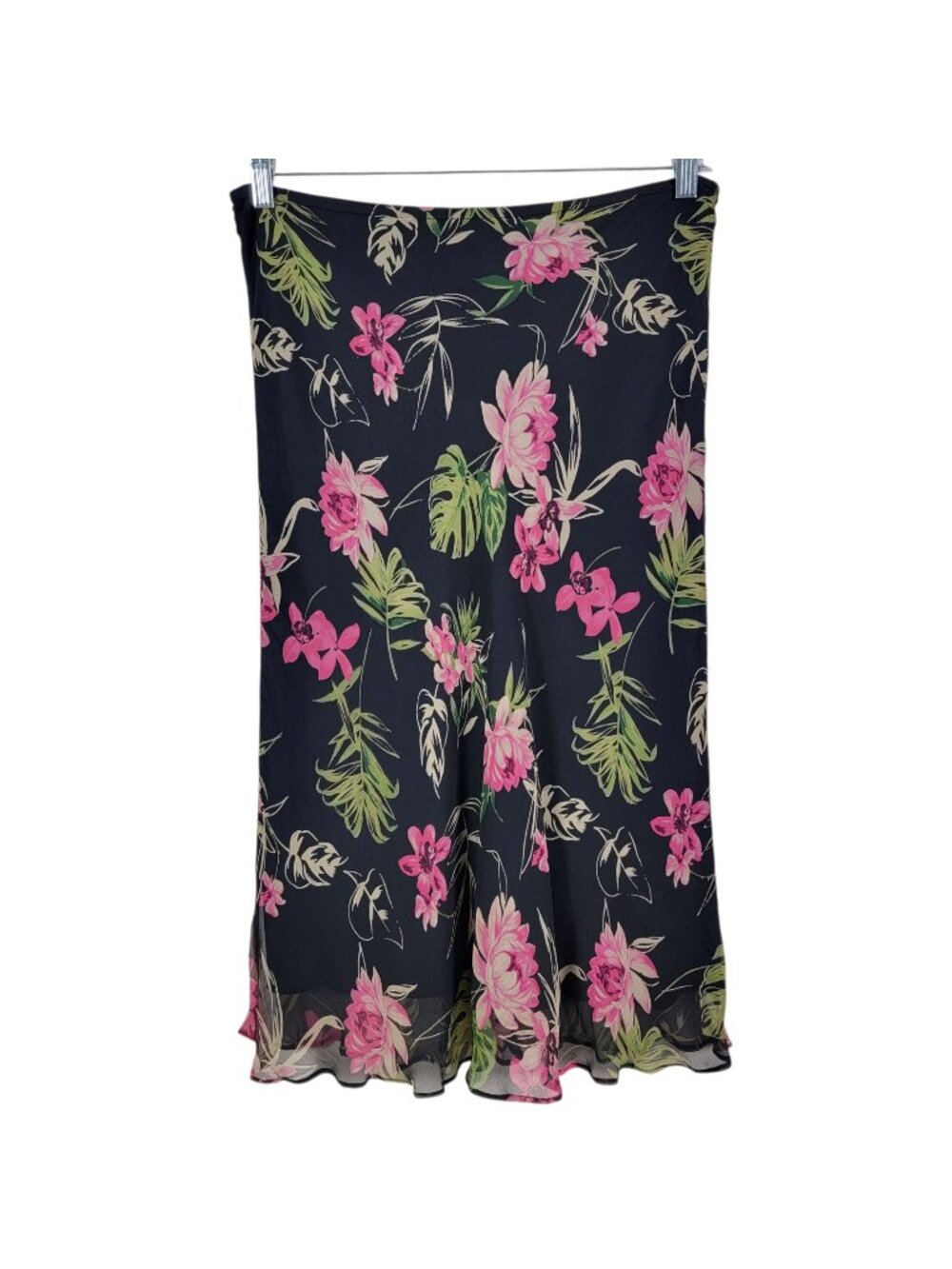 Y2K Allison Taylor Womens 100% Silk Black Floral Fairy Ruffle Midi Skirt Medium